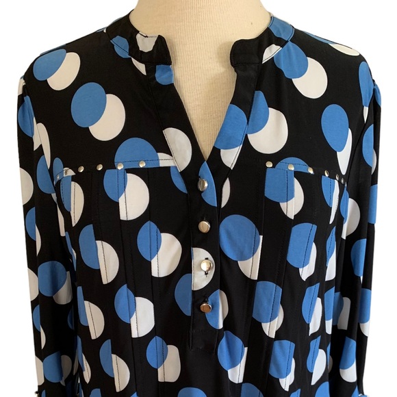 COCOMO Large Black blue white 3/4 sleeve studded women's Pintuck Blouse shirt - Picture 11 of 16